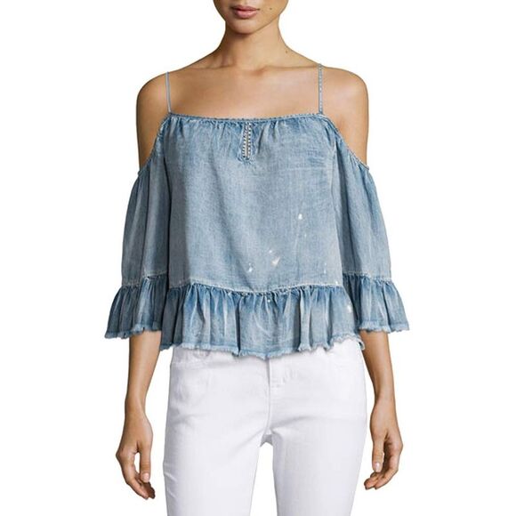 Free Heart Verna Denim Ruffled Cold Shoulder Top - Picture 3 of 4